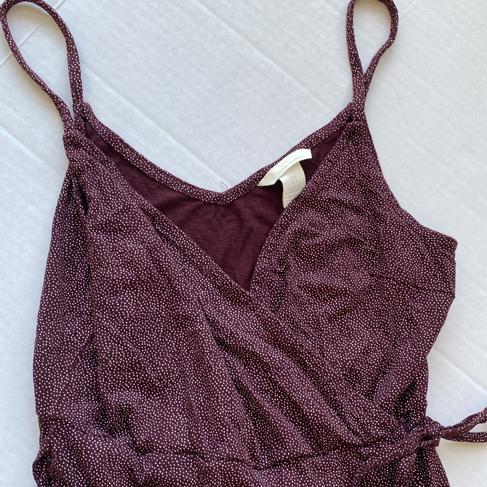 Dress Faux Wrap H&M S Maroon Burgundy Dot Pattern Sundress Gameday Casual EUC